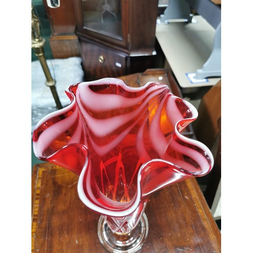 9 - Large impressive red and white swirl art glass vase height of 37cm diameter of 21cm