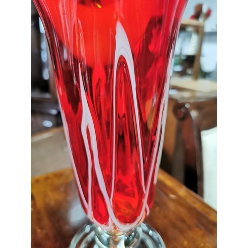 9 - Large impressive red and white swirl art glass vase height of 37cm diameter of 21cm