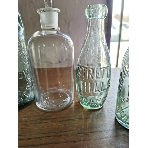 386 - Collection of various good vintage collectable glass bottles with advertising inc Longmynd Waters, H... 