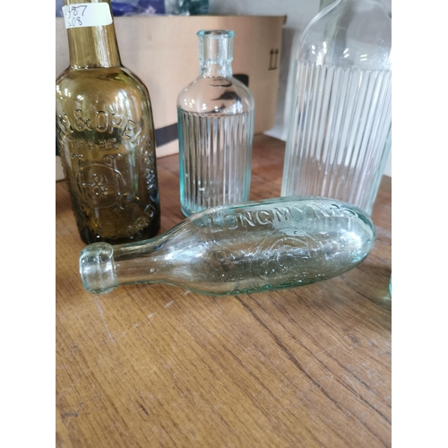 386 - Collection of various good vintage collectable glass bottles with advertising inc Longmynd Waters, H... 