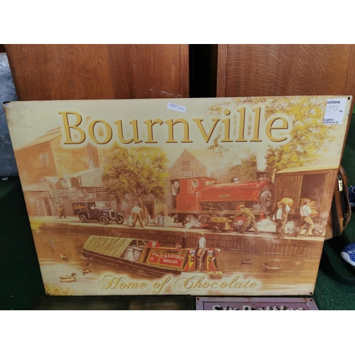 392a - Three tin plate metal signs inc one for Bournville chocolate, largest sign has a height of 50.5cm wi... 