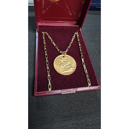 307 - Victorian 22ct gold full sovereign 1889 (holed) set on an 18in 9ct gold trace link chain total weigh... 