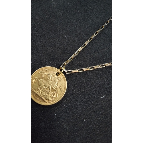 307 - Victorian 22ct gold full sovereign 1889 (holed) set on an 18in 9ct gold trace link chain total weigh... 