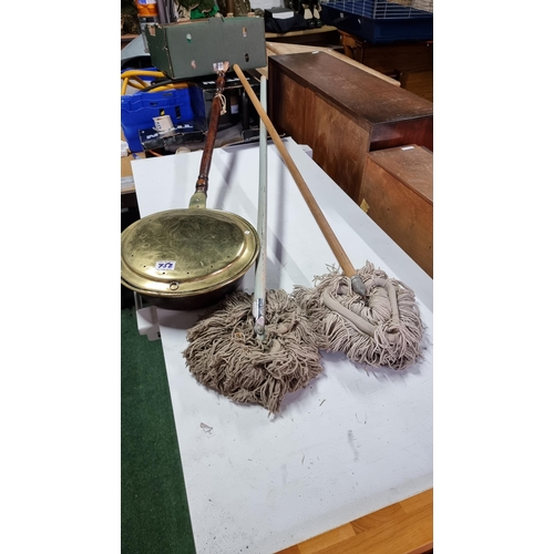 752 - 2 x mops and a vintage brass bed warmer