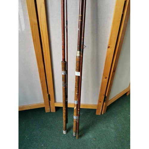 423 - Pair of vintage split cane fishing rods with cork handles, one is FT Williams craftsman rod