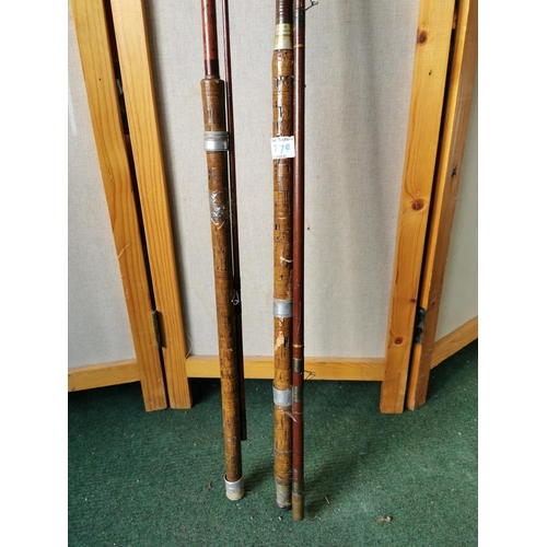 423 - Pair of vintage split cane fishing rods with cork handles, one is FT Williams craftsman rod