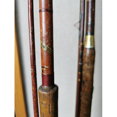 423 - Pair of vintage split cane fishing rods with cork handles, one is FT Williams craftsman rod