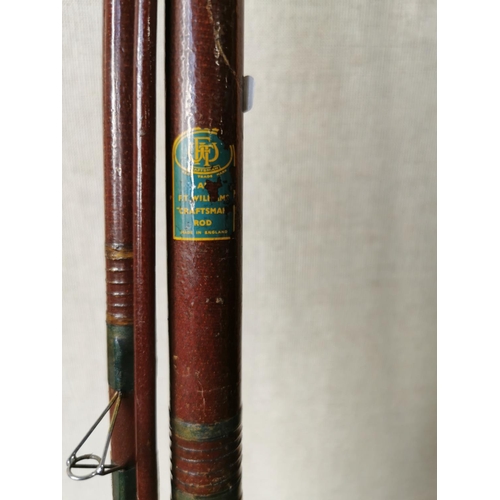 423 - Pair of vintage split cane fishing rods with cork handles, one is FT Williams craftsman rod