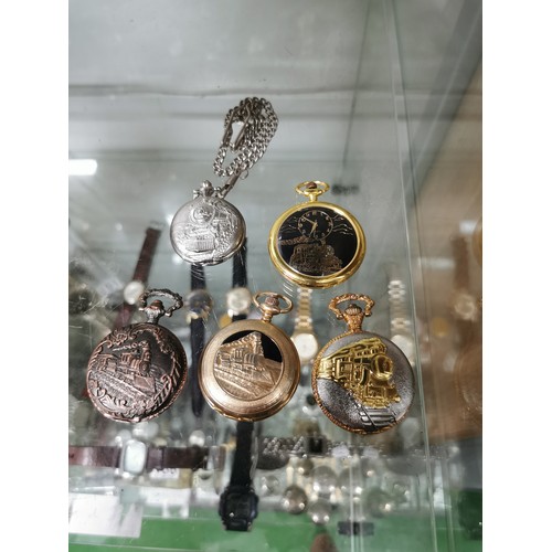 173 - Collection of 5 quartz pocket watches, all with steam engines embossed on the front,inc one with a c... 