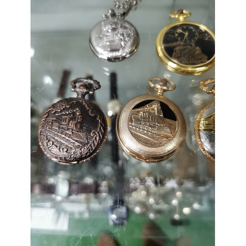 173 - Collection of 5 quartz pocket watches, all with steam engines embossed on the front,inc one with a c... 