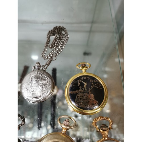 173 - Collection of 5 quartz pocket watches, all with steam engines embossed on the front,inc one with a c... 