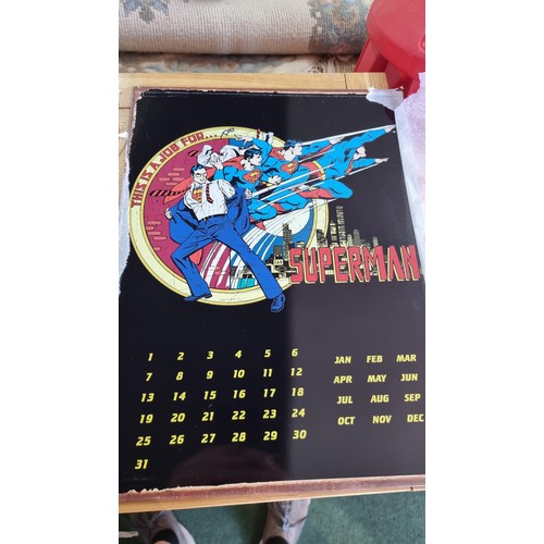 1 - 3x metal calendars showing DC comic superhero inc Superman, Wonder woman etc 40cm by 30cm