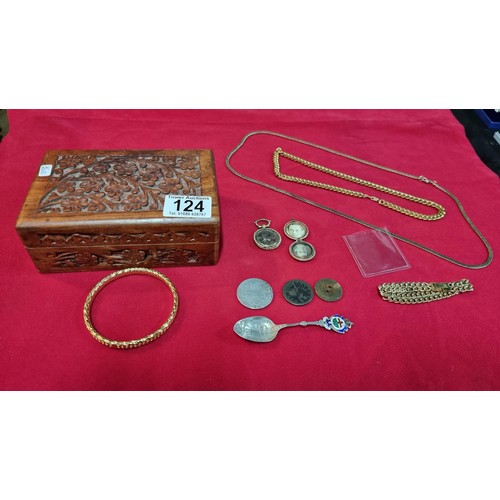 124 - Small box of collectables inc a Sterling silver spoon, antique coins inc 1721 penny, 1845 silver Coi... 