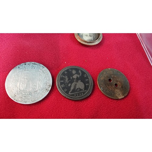 124 - Small box of collectables inc a Sterling silver spoon, antique coins inc 1721 penny, 1845 silver Coi... 