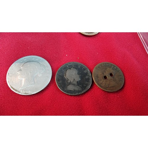 124 - Small box of collectables inc a Sterling silver spoon, antique coins inc 1721 penny, 1845 silver Coi... 