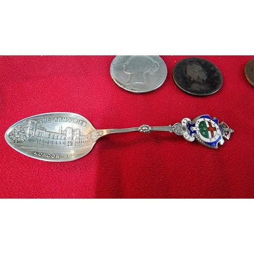 124 - Small box of collectables inc a Sterling silver spoon, antique coins inc 1721 penny, 1845 silver Coi... 
