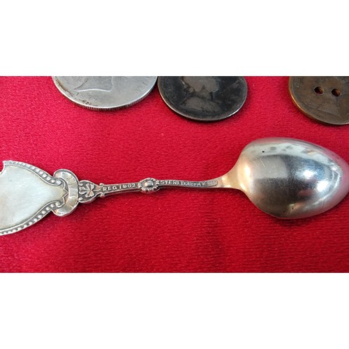 124 - Small box of collectables inc a Sterling silver spoon, antique coins inc 1721 penny, 1845 silver Coi... 