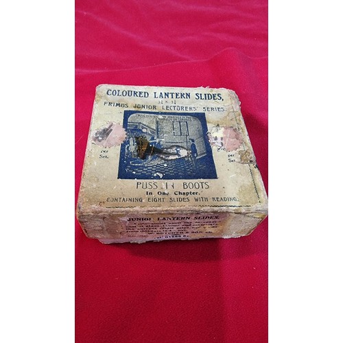 129 - Rare boxed set of Magic Lantern glass slides of Puss In Boots in one chapter, 1 slide is missing fro... 