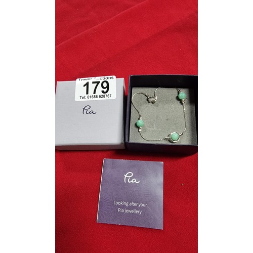 179 - Boxed as new Pia Jewellery 925 silver bracelet with adventurine beads, total length of 6 inches
