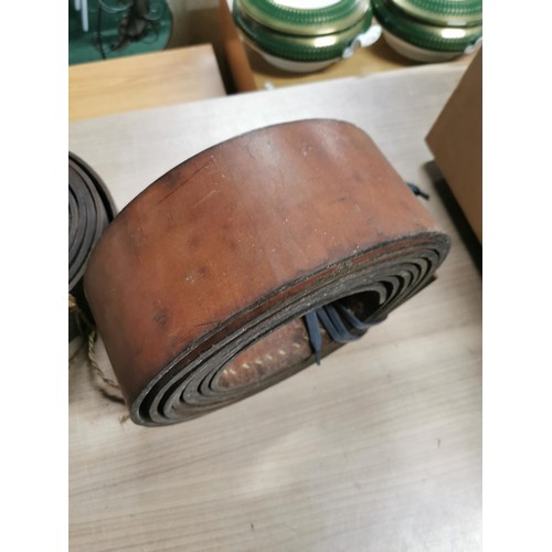 21 - 2x rolls of over 1 meter in length of thick leather strapping measuring 6mm thick, 1 roll is 10cm wi... 