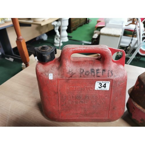 34 - 2x vintage petrol cans inc a 5 litre metal can