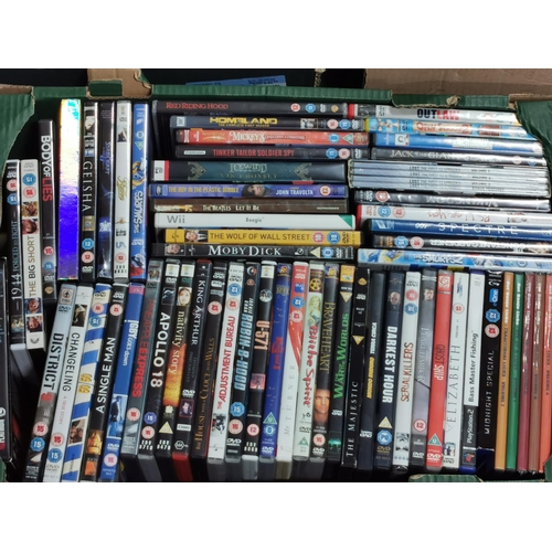 140 - 3x boxes of DVD's and CD's of various genres inc Talking CD's, VHS tapes and Cassette tapes etc