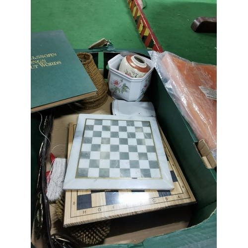 141 - 2x boxes of collectables inc. whiskey water jugs, 2x chess boards, ceiling lights, quantity of brass... 