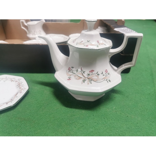 158 - Johnson Brother's Eternal Bow 22 piece tea set, all in very good condition. Teapot measures 21cm hig... 