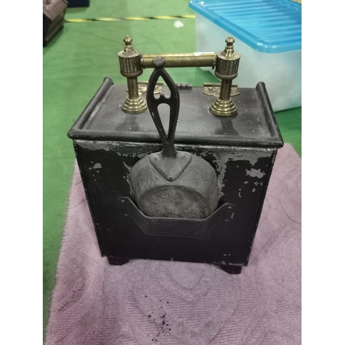 218 - Antique Metal Japanned Hand Painted coal scuttle with brass hinges and handle, comes with its origin... 