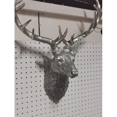 241 - Silvered stag head wall mounted, with detachable antlers, displays intricate details, height 59cm