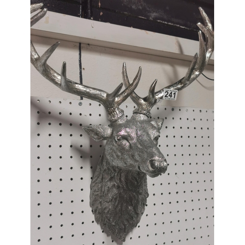 241 - Silvered stag head wall mounted, with detachable antlers, displays intricate details, height 59cm