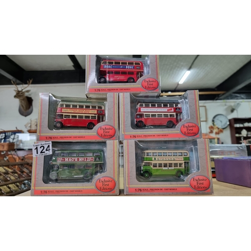 124 - Quantity of 5 x brand new unused EFE diecast buses in green & red, name and model of each bus in the... 