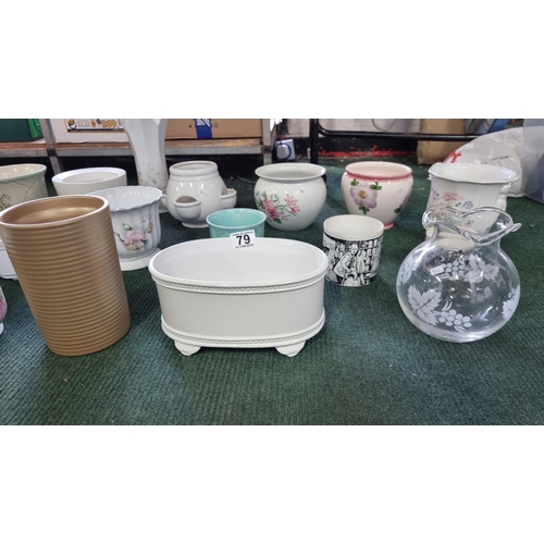 79 - Large collection of 20x various pottery & glass planters & vases, all in good order.