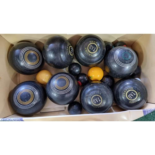 80 - large qty of lawn bowls along with a cased set of Crown Green bowls by PK, also includes a carpet bo... 