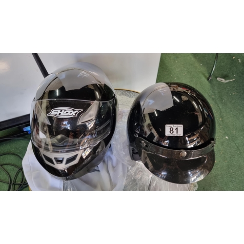 81 - As New motorcycle helmet by Shox, with additonal as new visor, along with classic motorcycle helmet ... 