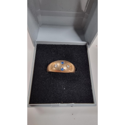 418 - Hallmarked 9ct gold ring inset with blue and bite quartz stones in excellent clean condition total w... 