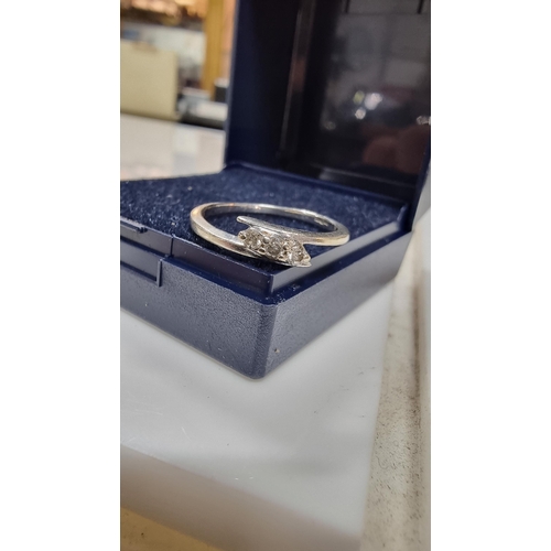 419 - Hallmarked 9ct white gold three stone genuine diamond ring in good clean condition size L total weig... 