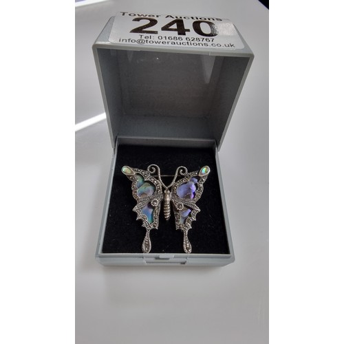 240 - Pretty vintage 925 Silver butterfly brooch inset with Abalone shell & Marcasite stones. In good cond... 