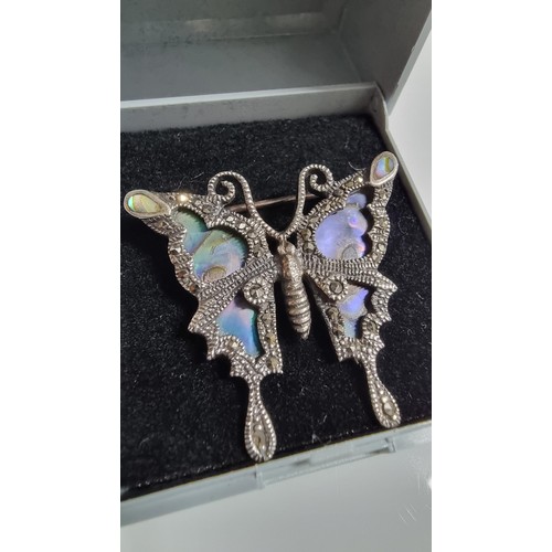 240 - Pretty vintage 925 Silver butterfly brooch inset with Abalone shell & Marcasite stones. In good cond... 