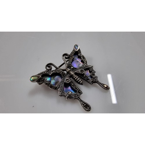 240 - Pretty vintage 925 Silver butterfly brooch inset with Abalone shell & Marcasite stones. In good cond... 