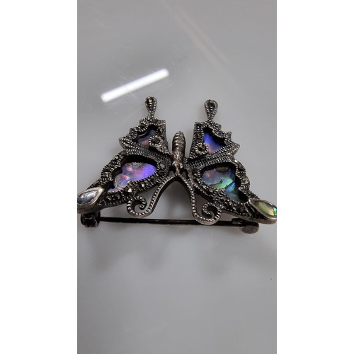 240 - Pretty vintage 925 Silver butterfly brooch inset with Abalone shell & Marcasite stones. In good cond... 