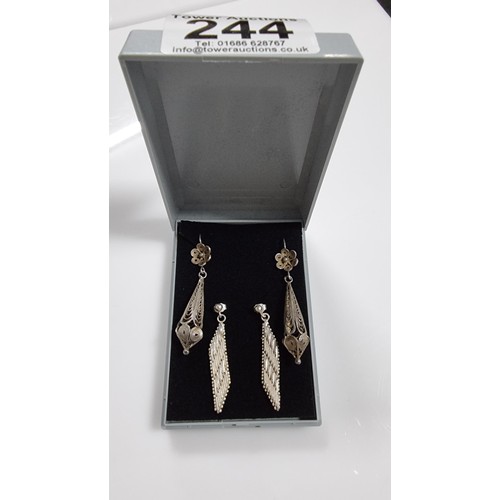 244 - Two pairs of 925 Silver drop earrings, inc. a filigree pair. Both in good condition. Both marked 925... 