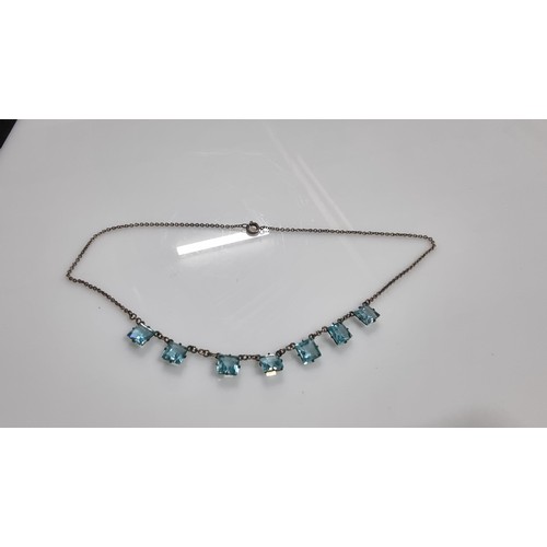 249 - Pretty 925 Silver dress necklace with 7x square faceted blue glass stones. Unmarked but test as 925 ... 