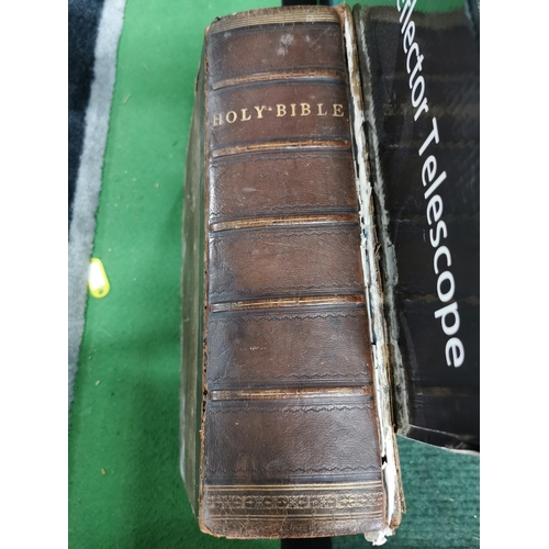 8 - Antique 19th century leather bound Holy Bible contains a family register with the earliest date of 1... 