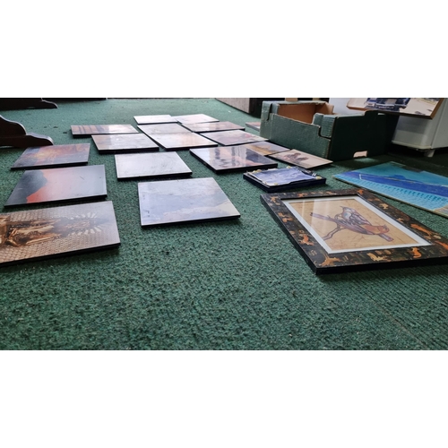 63 - Large collection of artwork inc a large quantity of photo on boards, a small framed and glazed orien... 