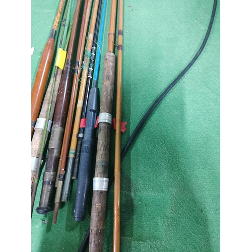 156 - Qty of 5 vintage fishing rods, two with original cork handles, one named Palace B. Vintage cased 3.5... 