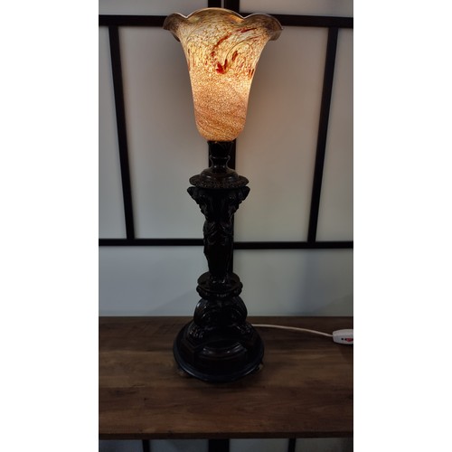 376 - Good quality Victorian antique solid bronze 3 graces table lamp, with attractive art glass shade of ... 