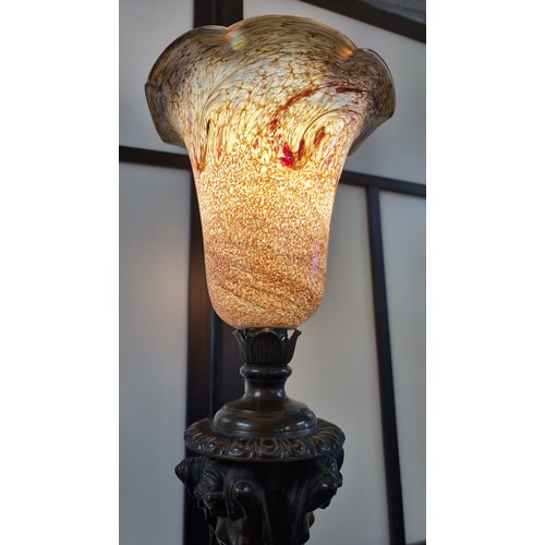 376 - Good quality Victorian antique solid bronze 3 graces table lamp, with attractive art glass shade of ... 