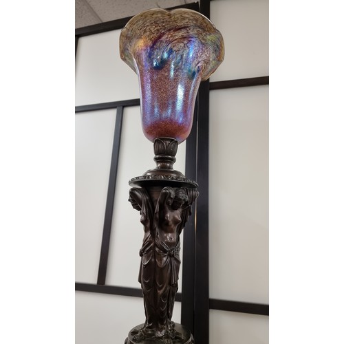 376 - Good quality Victorian antique solid bronze 3 graces table lamp, with attractive art glass shade of ... 