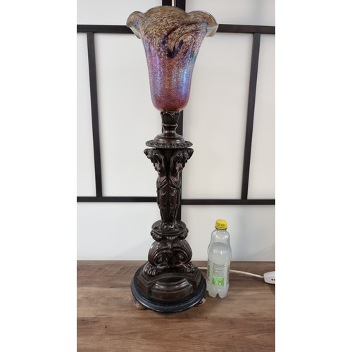 376 - Good quality Victorian antique solid bronze 3 graces table lamp, with attractive art glass shade of ... 